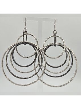 GUESS Silvertone Textured Orbital Wire Linear Drop Hoop Earrings  Statement